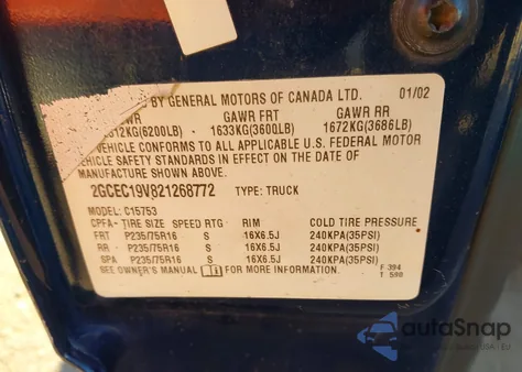 2002 Chevrolet Silverado 1500 Ls из США, поврежденный, VIN 2GCEC19V821268772